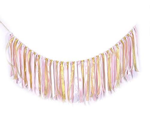 Fabric Lace Tassel Garland ribbon garlands Garland already assembled ribbon Wall Hanging Decor Nursery Photo Props For Wedding Event Birthday Anniversary Baby shower Party Supplies Pink & White & Gold