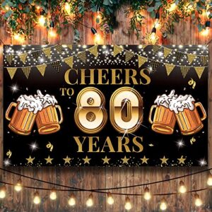80th Birthday Decorations Banner for Men Women, Cheers To 80 Years Birthday Party Sign, 80 Years Old Birthday Backdrop, Black Gold 80th Anniversary Photo Props for Outdoor Indoor, Large, Vicycaty