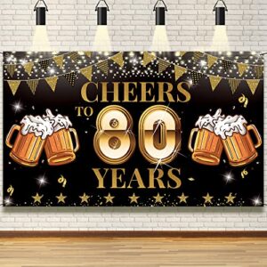 80th birthday decorations banner for men women, cheers to 80 years birthday party sign, 80 years old birthday backdrop, black gold 80th anniversary photo props for outdoor indoor, large, vicycaty