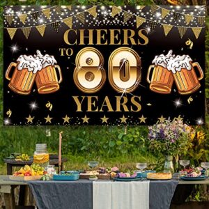 80th Birthday Decorations Banner for Men Women, Cheers To 80 Years Birthday Party Sign, 80 Years Old Birthday Backdrop, Black Gold 80th Anniversary Photo Props for Outdoor Indoor, Large, Vicycaty