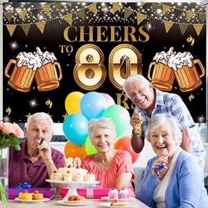 80th Birthday Decorations Banner for Men Women, Cheers To 80 Years Birthday Party Sign, 80 Years Old Birthday Backdrop, Black Gold 80th Anniversary Photo Props for Outdoor Indoor, Large, Vicycaty