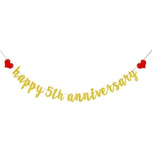 aonbon gold happy 5th anniversary banner, for 5th anniversary party decoration, 5th wedding anniversary party decoration photo props