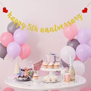 AonBon Gold Happy 5th Anniversary Banner, for 5th Anniversary Party Decoration, 5th Wedding Anniversary Party Decoration Photo Props