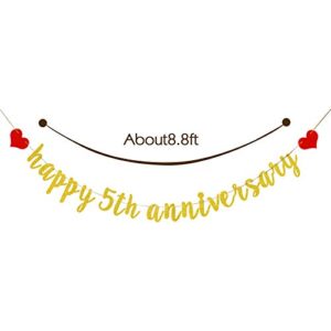 AonBon Gold Happy 5th Anniversary Banner, for 5th Anniversary Party Decoration, 5th Wedding Anniversary Party Decoration Photo Props