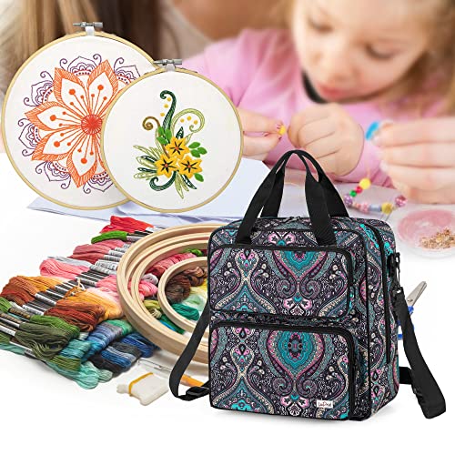 LoDrid Embroidery Storage Bag, Embroidery Project Carry Case, Portable Bag for Embroidery Kit, Craft Supplies & Cross Stitch Kits Tools, with Handles and Shoulder Strap, Totem, Bag Only