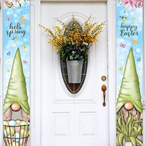Easter Porch Sign Banner-Easter Gnomes Decoration Hello Spring Happy Easter Door Hanging Banner Outdoor Easter Party Supplies Photo Props for Porch