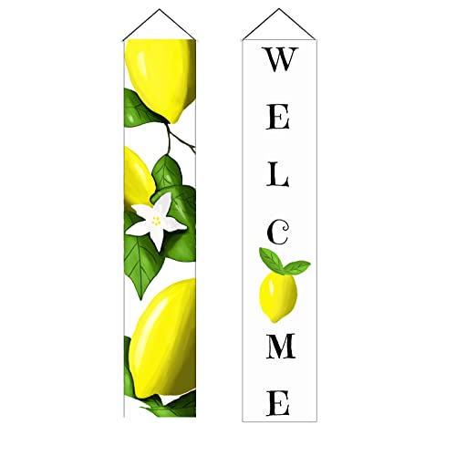 Seasonal Summer Lemon Front Door Banner Floral Welcome Seasonal Hanging Banner Porch Sign Indoor Outdoor Home Wall Holiday Party Decor 12 x 72 Inch