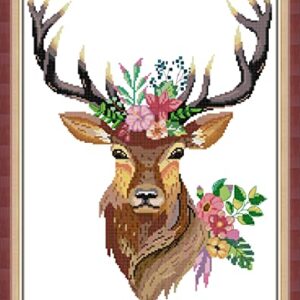 Joy Sunday 14CT Counted Cross Stitch Kits Deer with Flowers Embroidery for Girls Crafts DMC Cross-Stitch Supplies Needlework