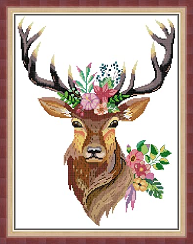 Joy Sunday 14CT Counted Cross Stitch Kits Deer with Flowers Embroidery for Girls Crafts DMC Cross-Stitch Supplies Needlework