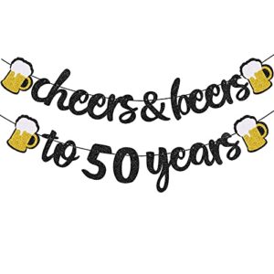 Joymee Cheers & Beers to 50 Years Black Glitter Banner for 50th Birthday Wedding Aniversary Party Supplies Decorations - PRESTRUNG