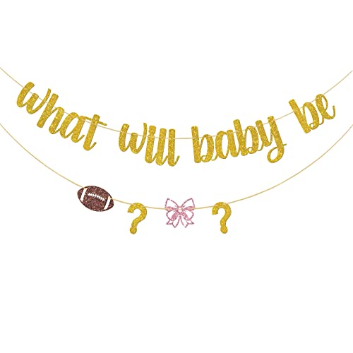 Dalaber What Will Baby Be Banner, Footballs or Bows Bunting Banner for Baby Shower Gender Receal Party Decoration, Boy or Girl/He or She/Brother or Sister Gender Reveal Party Supplies