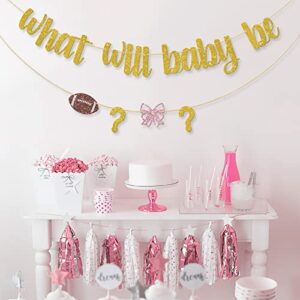 Dalaber What Will Baby Be Banner, Footballs or Bows Bunting Banner for Baby Shower Gender Receal Party Decoration, Boy or Girl/He or She/Brother or Sister Gender Reveal Party Supplies