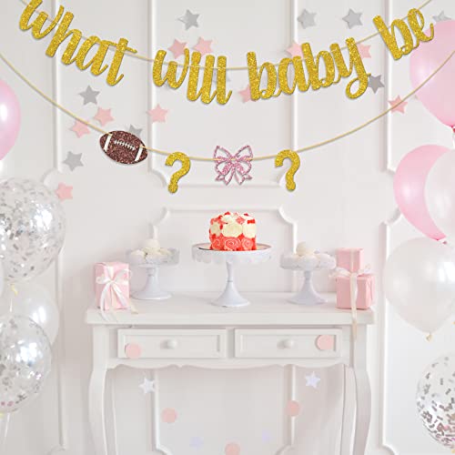 Dalaber What Will Baby Be Banner, Footballs or Bows Bunting Banner for Baby Shower Gender Receal Party Decoration, Boy or Girl/He or She/Brother or Sister Gender Reveal Party Supplies