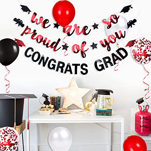 Red Black 2023 Graduation Party Decorations We are So Proud of You Congrats Grad Graduation Banner Graduation Cap Diploma Star Garland Backdrop for Congratulations 2023 Grad Party Supplies