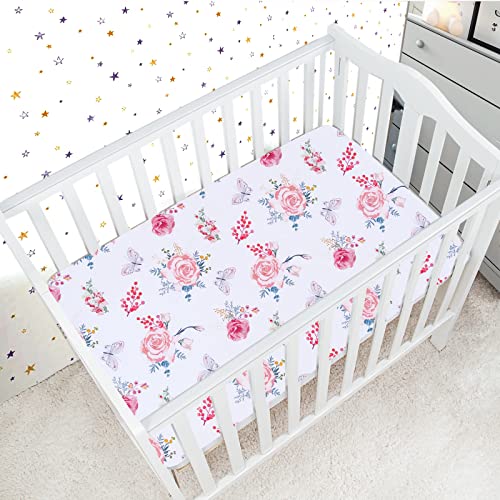 JAROSY Ultra Soft Mini Crib Sheets 3 Pack, Silky Skin-Friendly Playard Pack n Play Sheets for Baby Girls, 5'' Deep Pocket Fit All Pack N Play, Playard, Mini and Portable Crib Mattresses, Florals Theme