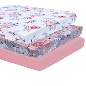 JAROSY Ultra Soft Mini Crib Sheets 3 Pack, Silky Skin-Friendly Playard Pack n Play Sheets for Baby Girls, 5'' Deep Pocket Fit All Pack N Play, Playard, Mini and Portable Crib Mattresses, Florals Theme