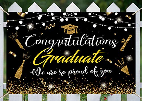 2023 Graduation Party Supplies Graduation Banner Black and Gold Large 71” x 45” Backdrop with Congrats Grad Graduation Decorations Indoor Outdoor