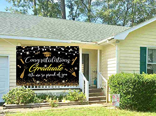 2023 Graduation Party Supplies Graduation Banner Black and Gold Large 71” x 45” Backdrop with Congrats Grad Graduation Decorations Indoor Outdoor