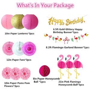 Tropical Flamingo Party Decoration Hawaiian Party Supplies Flamingo Birthday Banners， Hanging Paper Fans, Paper Flowers Paper Lanterns for Hawaiian Summer Beach Party Birthday Party