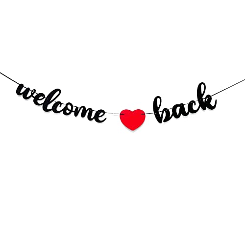 Welcome Back Banner Sign Party Decoration Black Glitter Pre-Strung Banner for Military Army Homecoming Teenager Homecoming Party Decorations, Family Theme Party Supplies