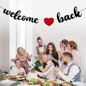 Welcome Back Banner Sign Party Decoration Black Glitter Pre-Strung Banner for Military Army Homecoming Teenager Homecoming Party Decorations, Family Theme Party Supplies