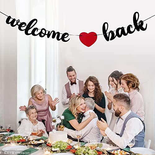 Welcome Back Banner Sign Party Decoration Black Glitter Pre-Strung Banner for Military Army Homecoming Teenager Homecoming Party Decorations, Family Theme Party Supplies
