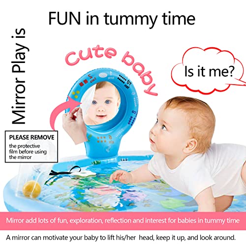 flashbluer 4-in-1 Tummy Time Water Mat with Baby Mirror & Baby Teethers and Rattles, Large Baby Water Play Mat Infant Newborn Baby Toys, Suitable for 3 6 9 12 Month Baby Girl or Boy Development