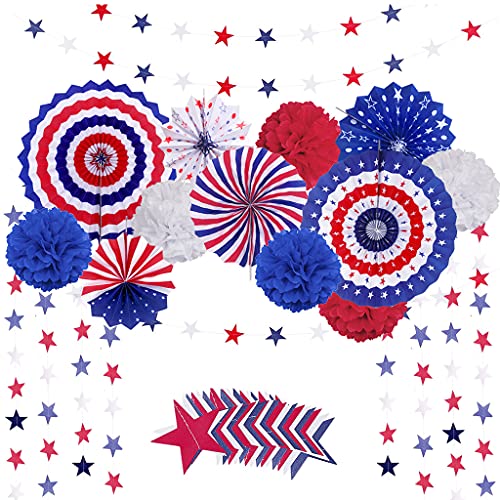 MOVINPE 4th of July Patriotic Party Decorations Set, American Flag Hanging Paper Fans, Paper Flower Balls Pom Poms, 4Pcs Star Streamers Banner Garland Independence Day Party Supplies