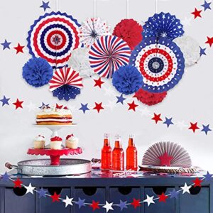 MOVINPE 4th of July Patriotic Party Decorations Set, American Flag Hanging Paper Fans, Paper Flower Balls Pom Poms, 4Pcs Star Streamers Banner Garland Independence Day Party Supplies