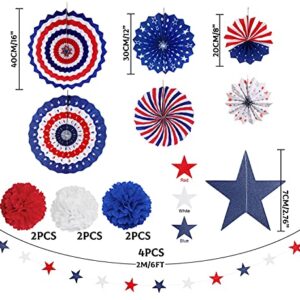 MOVINPE 4th of July Patriotic Party Decorations Set, American Flag Hanging Paper Fans, Paper Flower Balls Pom Poms, 4Pcs Star Streamers Banner Garland Independence Day Party Supplies