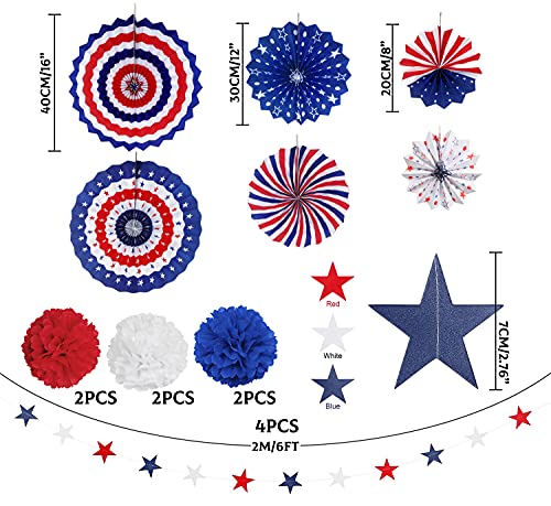 MOVINPE 4th of July Patriotic Party Decorations Set, American Flag Hanging Paper Fans, Paper Flower Balls Pom Poms, 4Pcs Star Streamers Banner Garland Independence Day Party Supplies