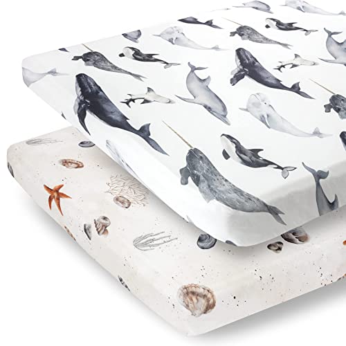 Pobibaby - 2 Pack Premium Pack N Play Sheets Fitted for Standard Pack and Plays and Mini Cribs - Ultra-Soft Jersey Knit, Stylish Ocean Pattern, Safe and Snug for Baby (Seaside)