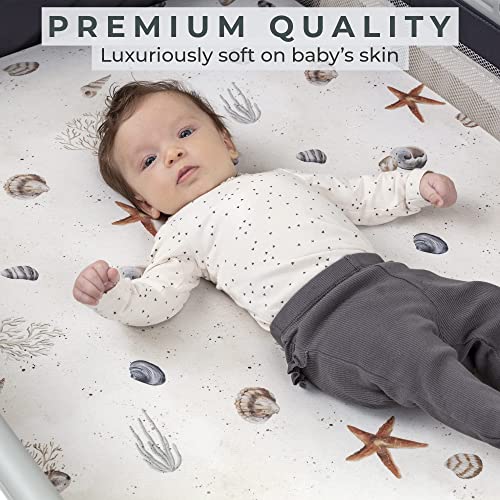 Pobibaby - 2 Pack Premium Pack N Play Sheets Fitted for Standard Pack and Plays and Mini Cribs - Ultra-Soft Jersey Knit, Stylish Ocean Pattern, Safe and Snug for Baby (Seaside)
