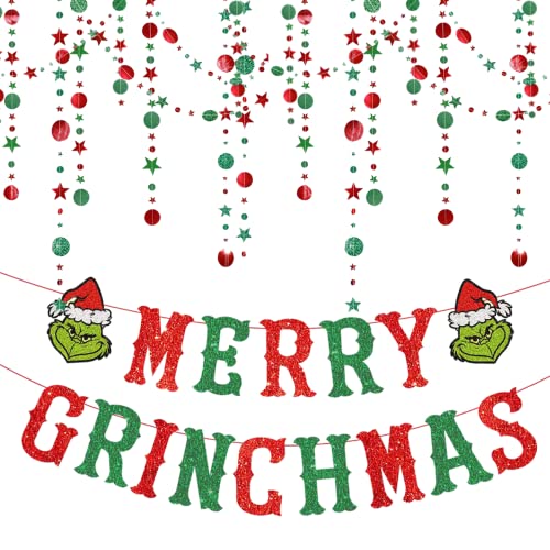 Merry Grinchmas Banner, 16.5Ft Red and Green Glitter Grinch Christmas Banner, Merry Grinchmas Party Decorations for Home Wall Office Mantel Fireplace Grinchmas Christmas Decorations