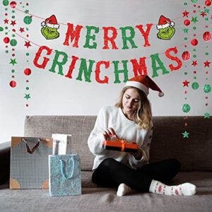 Merry Grinchmas Banner, 16.5Ft Red and Green Glitter Grinch Christmas Banner, Merry Grinchmas Party Decorations for Home Wall Office Mantel Fireplace Grinchmas Christmas Decorations