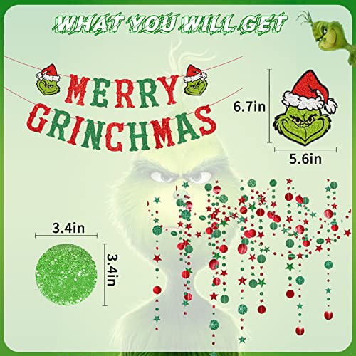 Merry Grinchmas Banner, 16.5Ft Red and Green Glitter Grinch Christmas Banner, Merry Grinchmas Party Decorations for Home Wall Office Mantel Fireplace Grinchmas Christmas Decorations