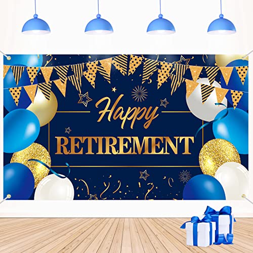 Happy Retirement Party Decorations Backdrop - Extra Large Retirement Decorations Banner Blue and Gold Happy Retirement Banner Party Supplies Photo Backdrop Background for Men, 70.8 x 43.3 Inch