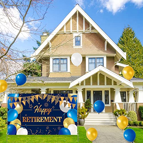 Happy Retirement Party Decorations Backdrop - Extra Large Retirement Decorations Banner Blue and Gold Happy Retirement Banner Party Supplies Photo Backdrop Background for Men, 70.8 x 43.3 Inch