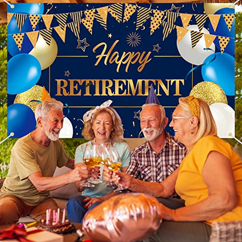 Happy Retirement Party Decorations Backdrop - Extra Large Retirement Decorations Banner Blue and Gold Happy Retirement Banner Party Supplies Photo Backdrop Background for Men, 70.8 x 43.3 Inch