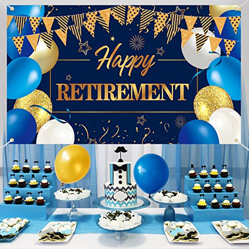 Happy Retirement Party Decorations Backdrop - Extra Large Retirement Decorations Banner Blue and Gold Happy Retirement Banner Party Supplies Photo Backdrop Background for Men, 70.8 x 43.3 Inch