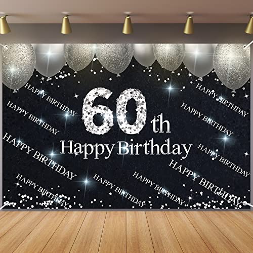 Silver and Black Happy 60th Birthday Backdrop Banner Decorations for Women Men 60 Years Old Bday Background Photography Party Decor Sign Supplies