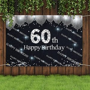 Silver and Black Happy 60th Birthday Backdrop Banner Decorations for Women Men 60 Years Old Bday Background Photography Party Decor Sign Supplies