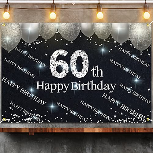 Silver and Black Happy 60th Birthday Backdrop Banner Decorations for Women Men 60 Years Old Bday Background Photography Party Decor Sign Supplies