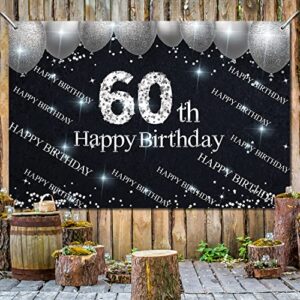 Silver and Black Happy 60th Birthday Backdrop Banner Decorations for Women Men 60 Years Old Bday Background Photography Party Decor Sign Supplies