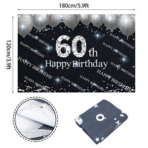 Silver and Black Happy 60th Birthday Backdrop Banner Decorations for Women Men 60 Years Old Bday Background Photography Party Decor Sign Supplies