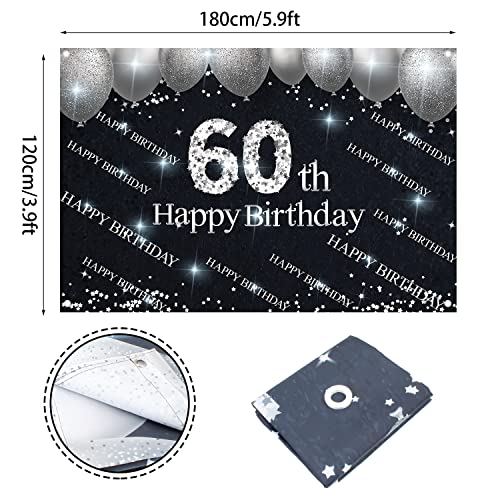 Silver and Black Happy 60th Birthday Backdrop Banner Decorations for Women Men 60 Years Old Bday Background Photography Party Decor Sign Supplies