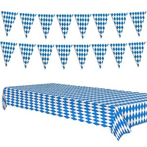 oktoberfest table cloth pennant decorations, plastic blue white diamond table cover banners for oktoberfest bavarian beer festival indoor outdoor party decorations