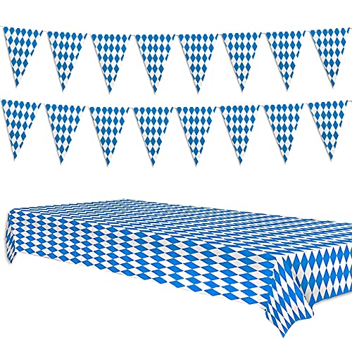 Oktoberfest Table Cloth Pennant Decorations, Plastic Blue White Diamond Table Cover Banners For Oktoberfest Bavarian Beer Festival Indoor Outdoor Party Decorations