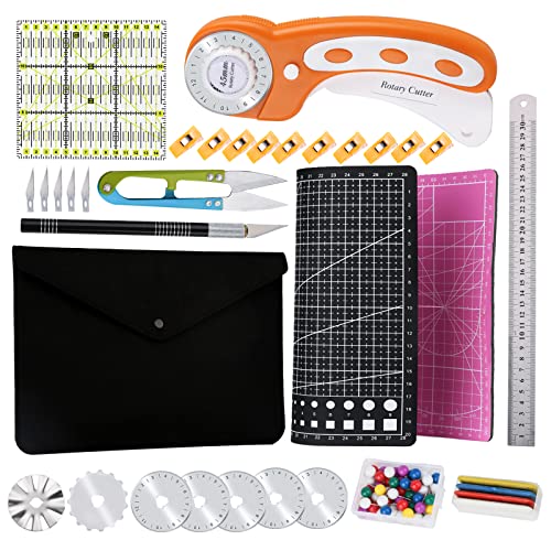 45 mm Rotary Cutter Set with Storage Bag, A4 Self Healing Cutting Mat, Acrylic Ruler, 7 Pcs Replacement Blades, Sewing Pins, Craft Knife Set and Craft Clips, Ideal for Sewing, Crafting, Patchworking