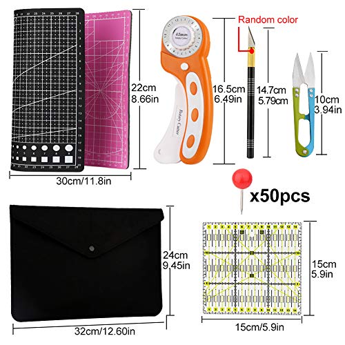 45 mm Rotary Cutter Set with Storage Bag, A4 Self Healing Cutting Mat, Acrylic Ruler, 7 Pcs Replacement Blades, Sewing Pins, Craft Knife Set and Craft Clips, Ideal for Sewing, Crafting, Patchworking